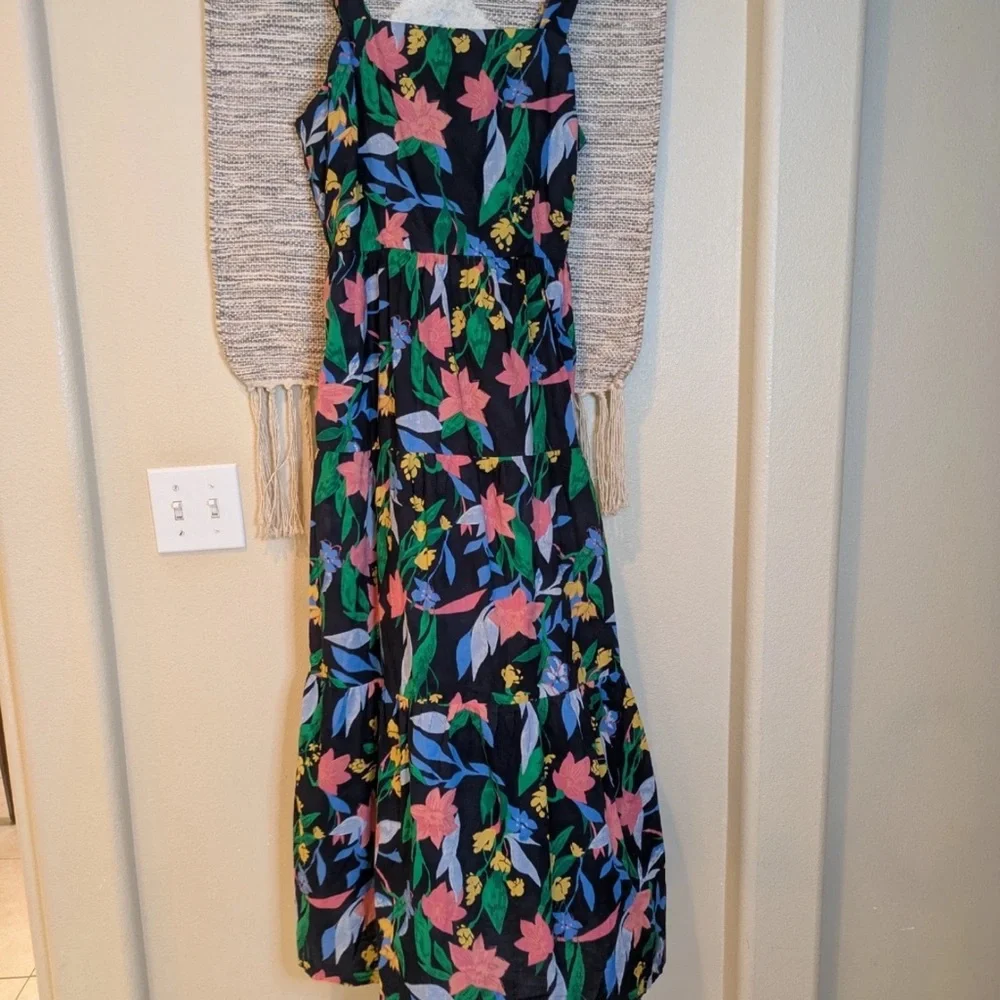 J. Crew Black Floral Midi Dress with Pink & Green Print